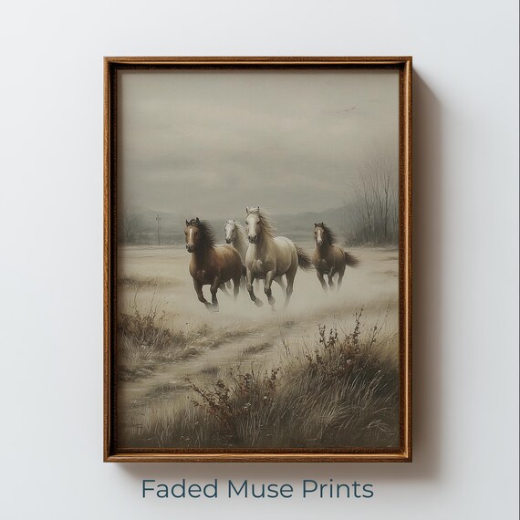 Four Galloping Horses Misty Field Moody Rustic Equestrian Poster