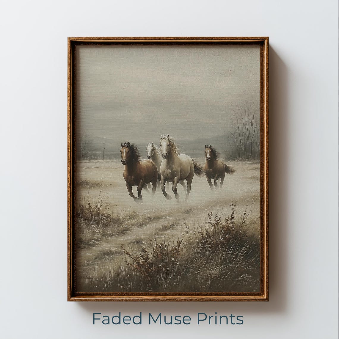 Four Galloping Horses Misty Field Moody Rustic Equestrian Poster