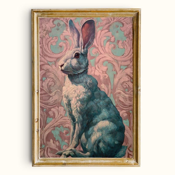 Vintage Rabbit Print Maximalist Damask Wall Art Elegant Bunny Portrait Printable Instant Download