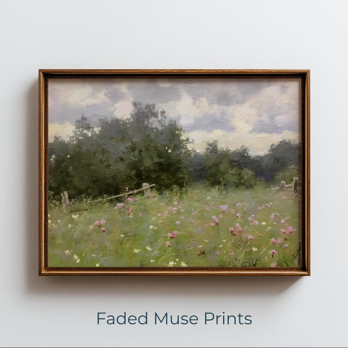 Spring Meadow Wildflowers Impressionist Pastel Fence Trees Poster
