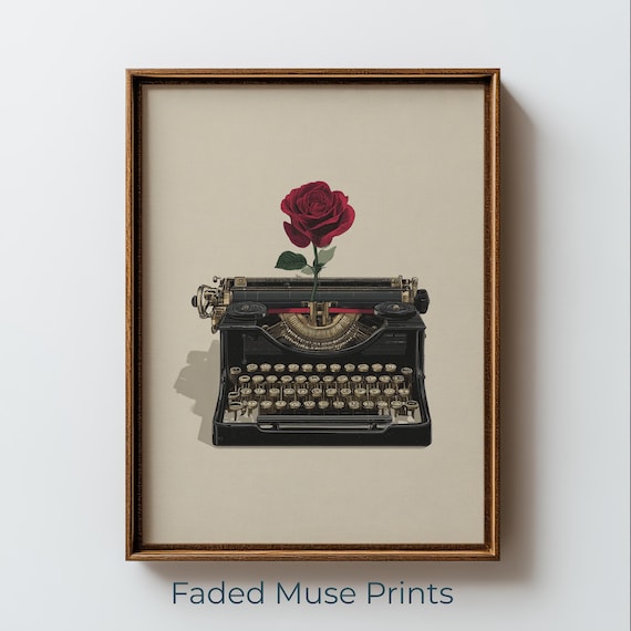 Vintage Black Typewriter With Red Rose Minimal Retro Art Poster