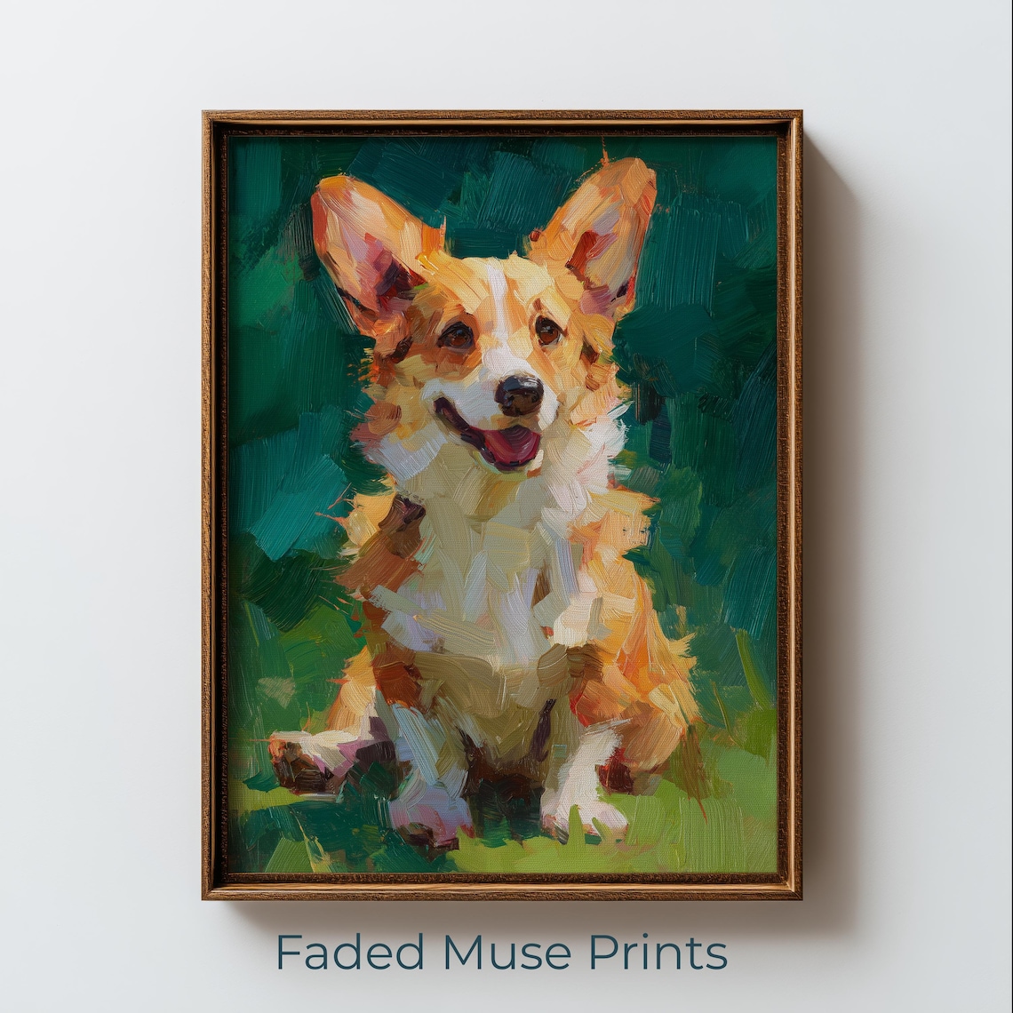 Smiling Corgi Portrait Bold Painterly Dog Deep Green Background Wall Art