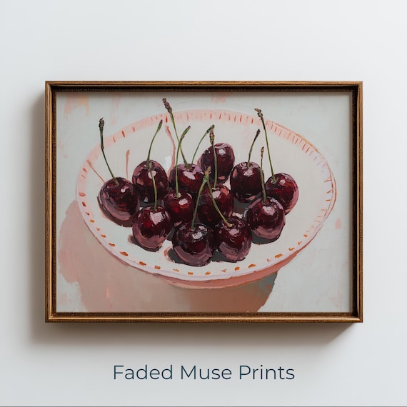 Dark Red Cherries in White Bowl Poster Vintage Oil Painting Kitchen Decor