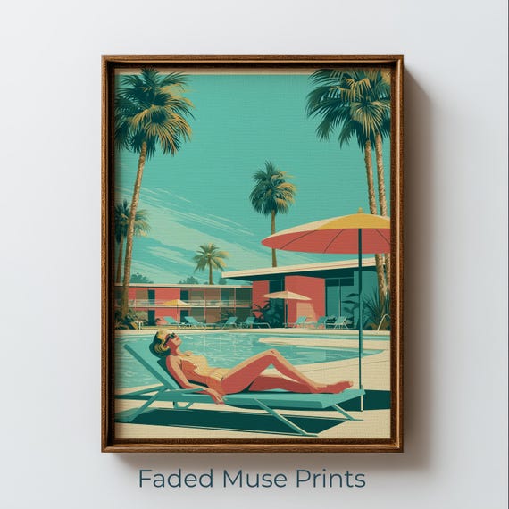 Vintage Palm Springs Poolside Print Retro Mid Century Travel Poster Wall Art Digital Download 2627