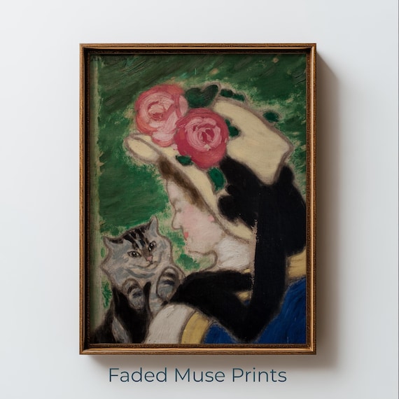 Woman With Cat And Rose Hat Vintage Portrait Printable Wall Art Digital Download 2160