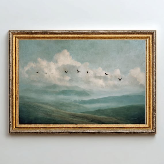Mid Century Modern Birds In Flight Print Retro Landscape Art Pdf Files