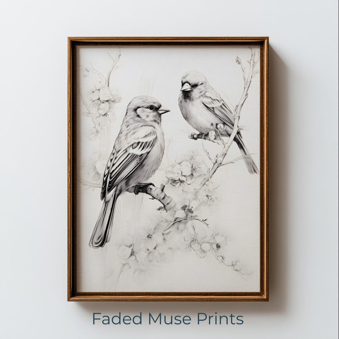 Two Songbirds Monochrome Botanical Sketch Cottagecore Bird Art Poster