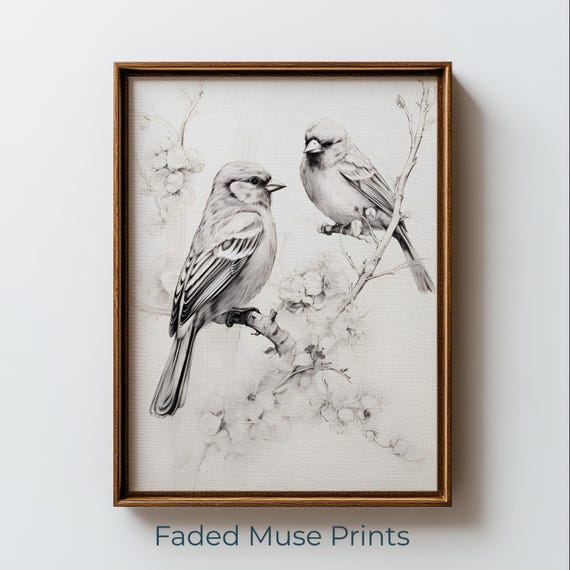 Vintage Songbird Botanical Sketch Cottagecore Bird Art Digital Download 1712