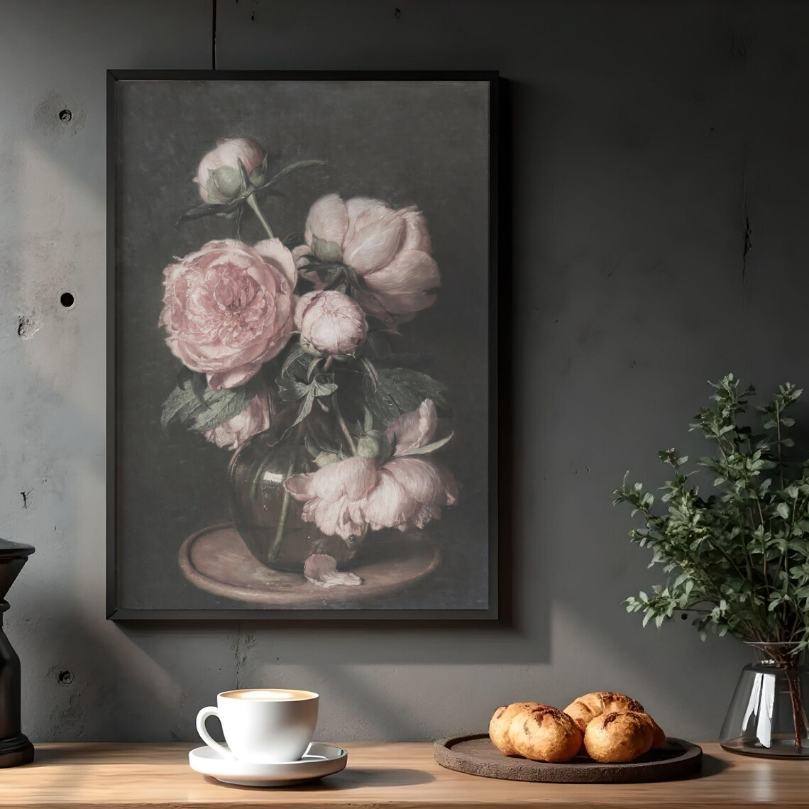 Dark Floral Peony Print Pink Botanical Still Life Printable Wall Art Digital Download