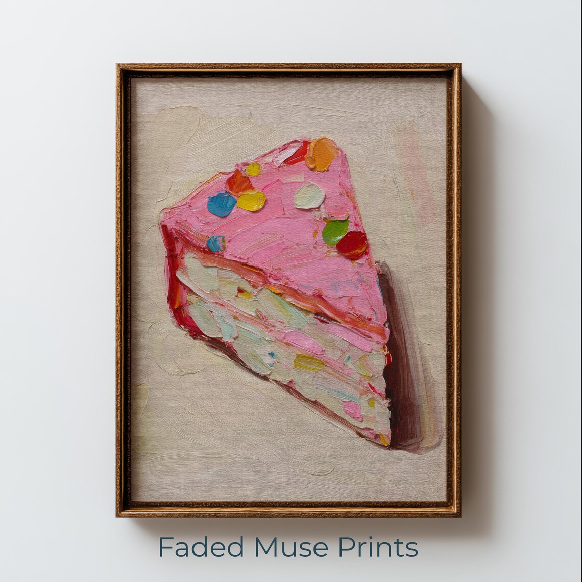 Pink Birthday Cake Slice Impasto Painting With Confetti Poster