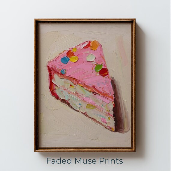 Pink Birthday Cake Slice Impasto Painting With Confetti Poster