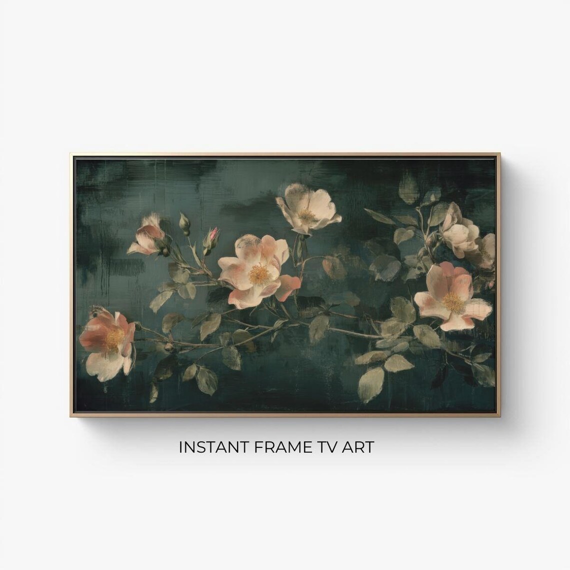 Pale Wild Roses Moody Dark Green Botanical Painting Art Poster