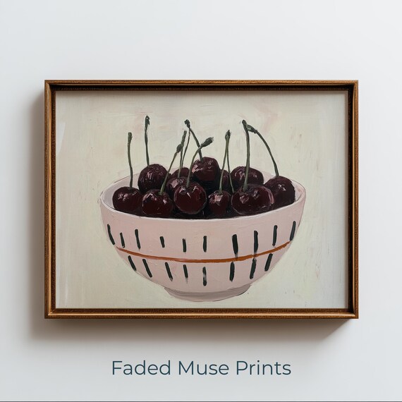 Bowl of Dark Cherries in a Pink Ceramic Bowl Still Life Poster