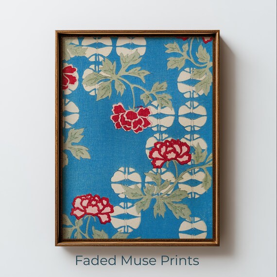 Retro Floral Textile Art Red Peony Graphic Print On Turquoise Fabric Digital Download 1048