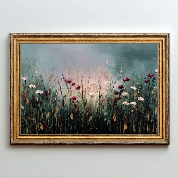 Moody Wildflower Meadow Print Vintage Botanical Landscape Digital Download