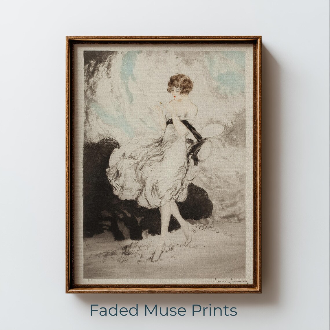 Vintage Woman In Flowing White Dress Antique Illustration Print
