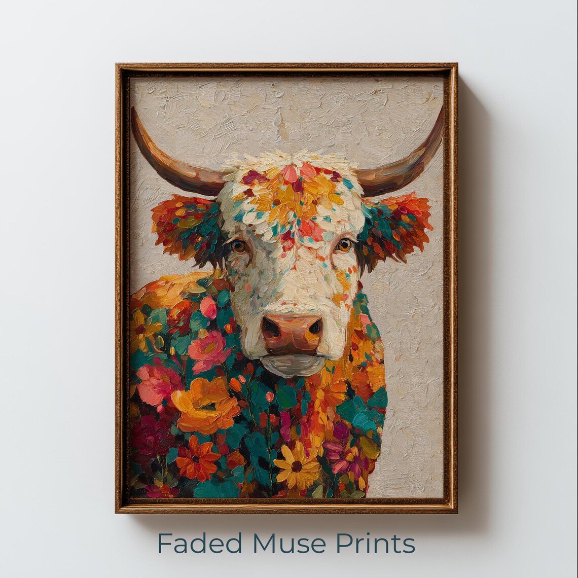 Highland Cow Floral Portrait Colorful Impasto Boho Farmhouse Poster