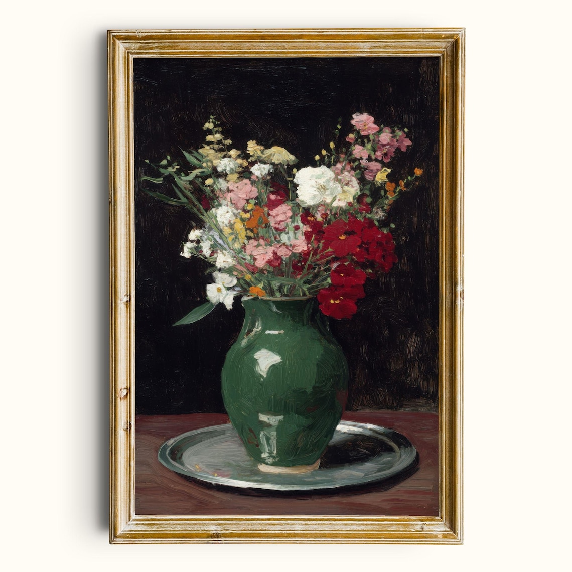 Wildflower Bouquet Green Vase Silver Tray Dark Floral Poster