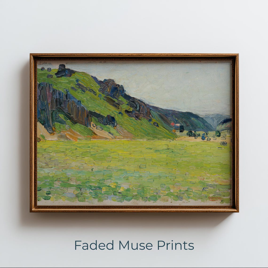 Pastoral Meadow Landscape Print Impressionist Green Hill Field Scene