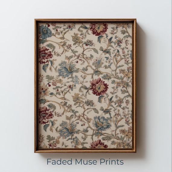 Vintage Floral Pattern Print Indigo Burgundy Botanical Chintz Design