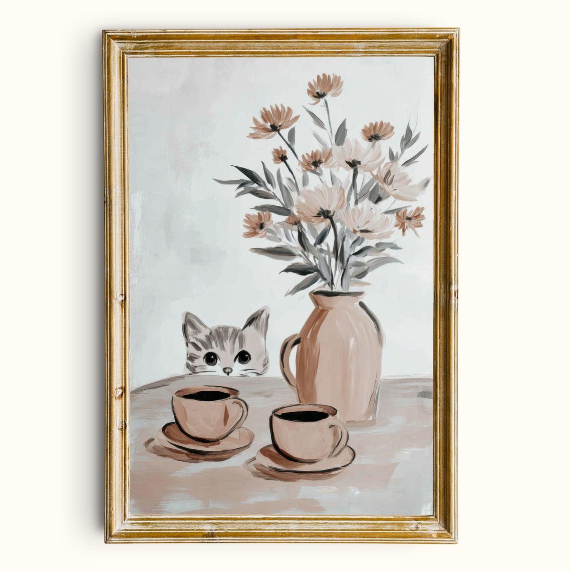 Kitten Peeking Flowers Coffee Cups Cute Pastel Watercolor Art Poster