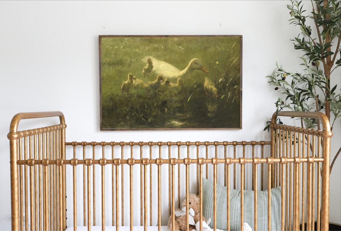 White Duck and Ducklings in a Sunlit Meadow Pond Oil Art Poster