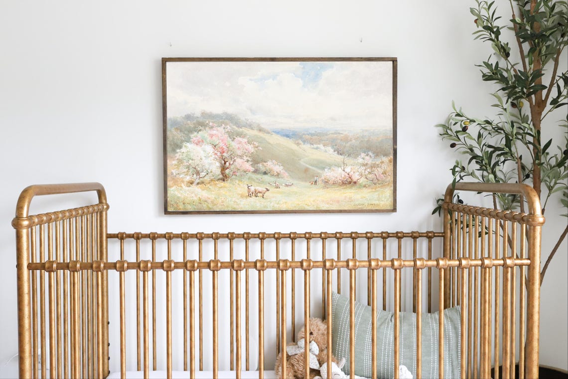 Sheep Pink Blossom Trees Spring Pastel Landscape Nursery Poster