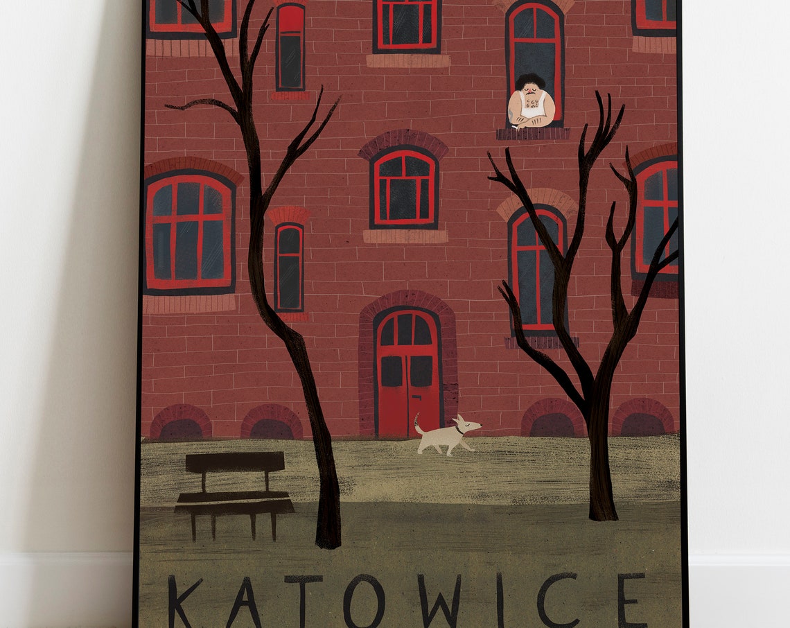 Katowice Red Brick Tenement Window Watcher Dog Folk Travel Poster