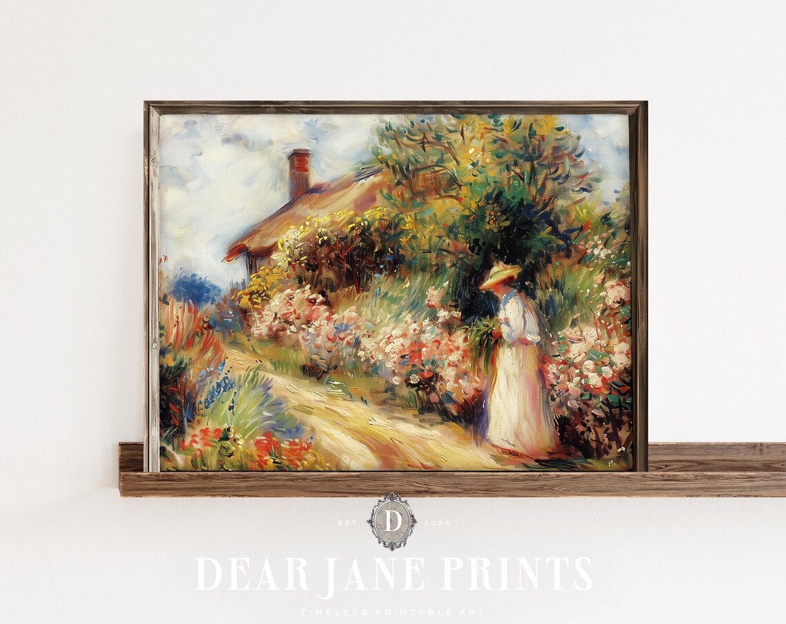 Woman in Straw Hat Walking Flower Garden Cottage Path Vintage Poster - Image 2