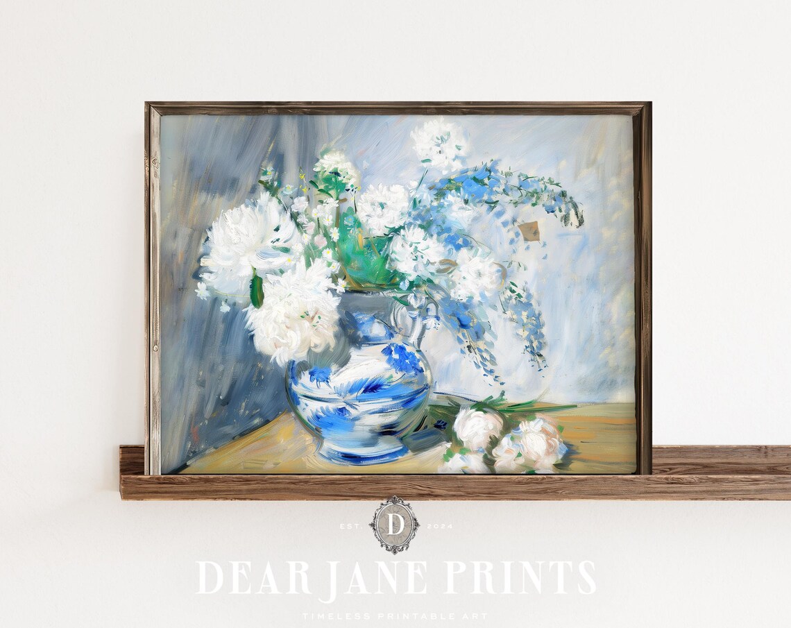 White Flowers in Blue and White Porcelain Vase Impressionist Poster - Image 2