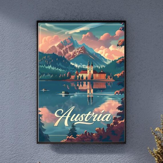 Austria Hallstatt Vintage Travel Poster Alpine Lake Church Village Scene
