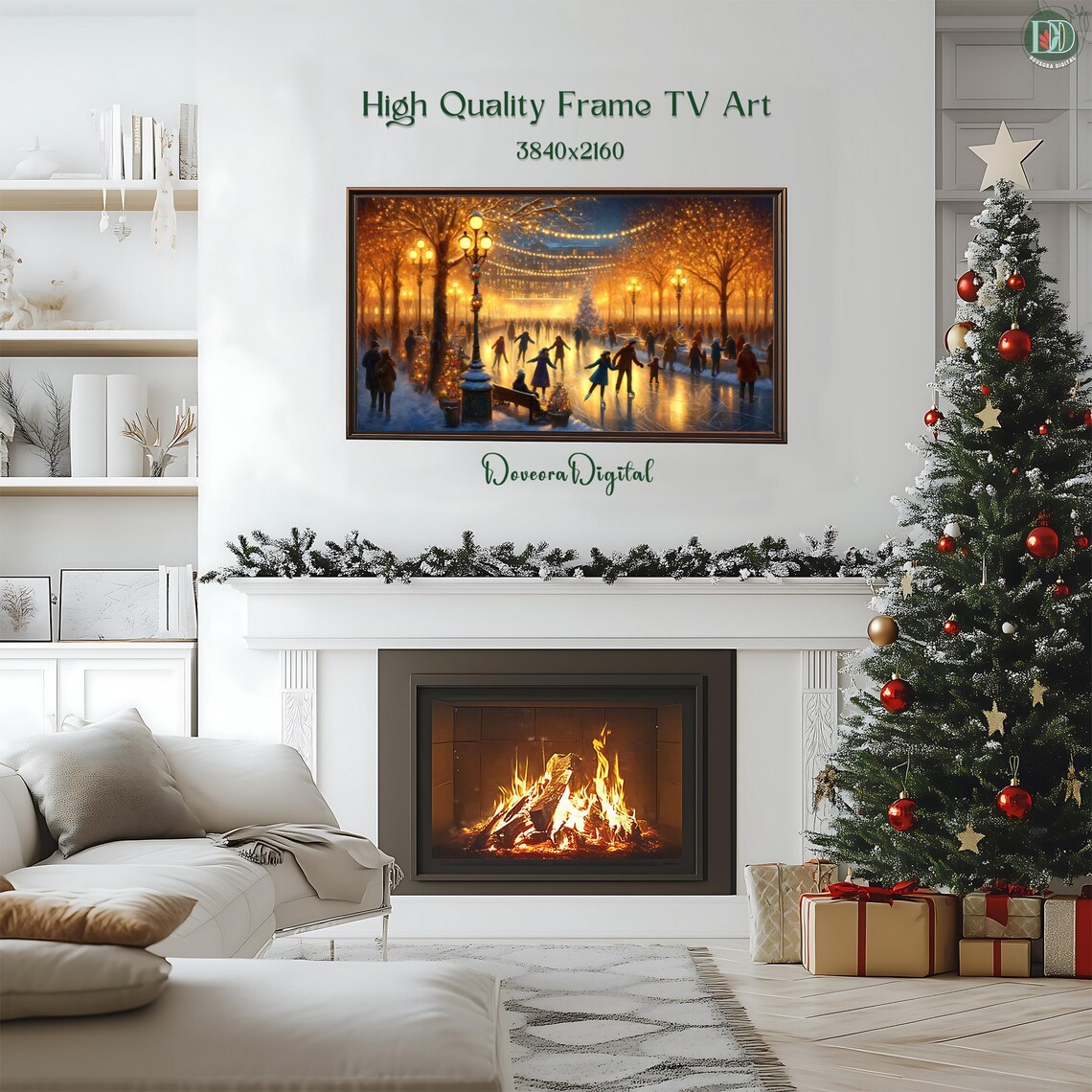 Winter Wonderland Skating Scene Art Print Holiday Lights