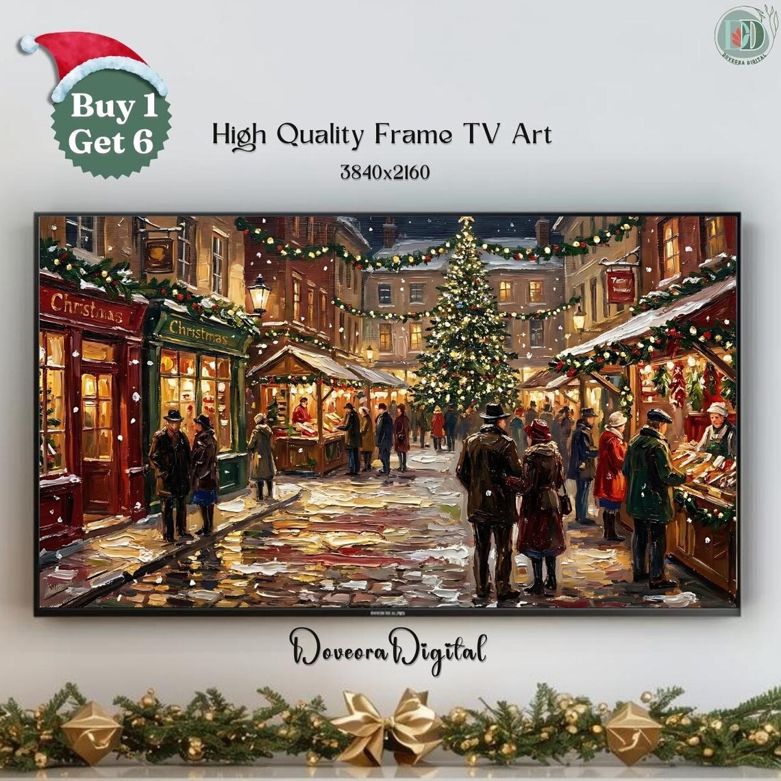 Festive Christmas Market Street Samsung Frame TV Art Holiday Scene Print