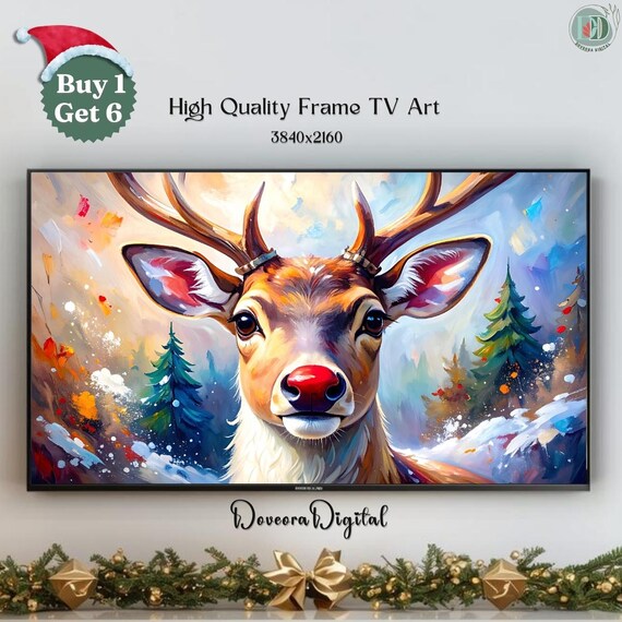 Christmas Reindeer Portrait Red Nose Colorful Winter Holiday Poster