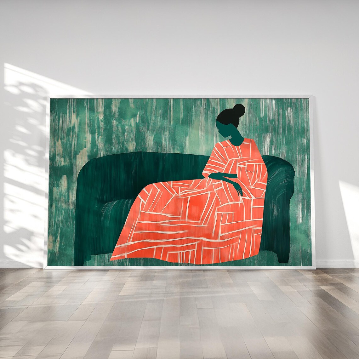Abstract Woman in Orange Geometric Dress on Green Couch Poster