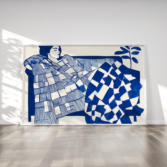 Electric Blue Abstract Modern Woman Relaxing On Sofa Art Print