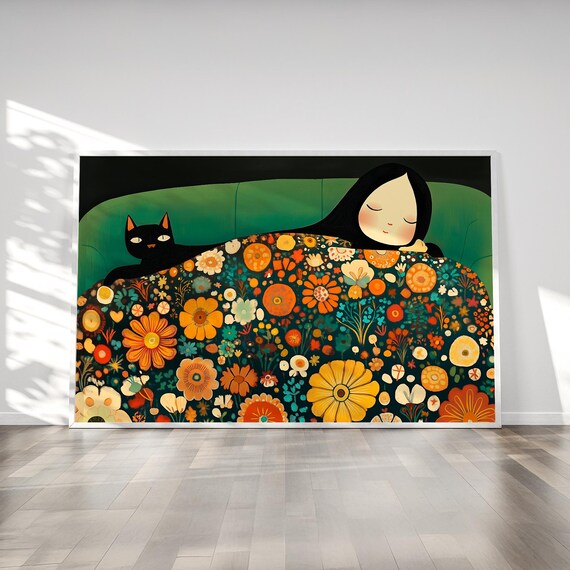 Sleeping Woman With A Black Cat Under A Floral Blanket Poster
