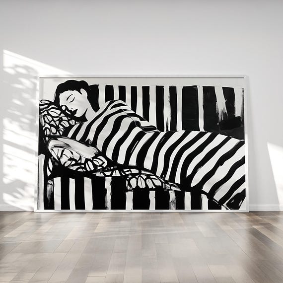 Abstract Woman in Black Stripes, Contemporary Wall Art Print