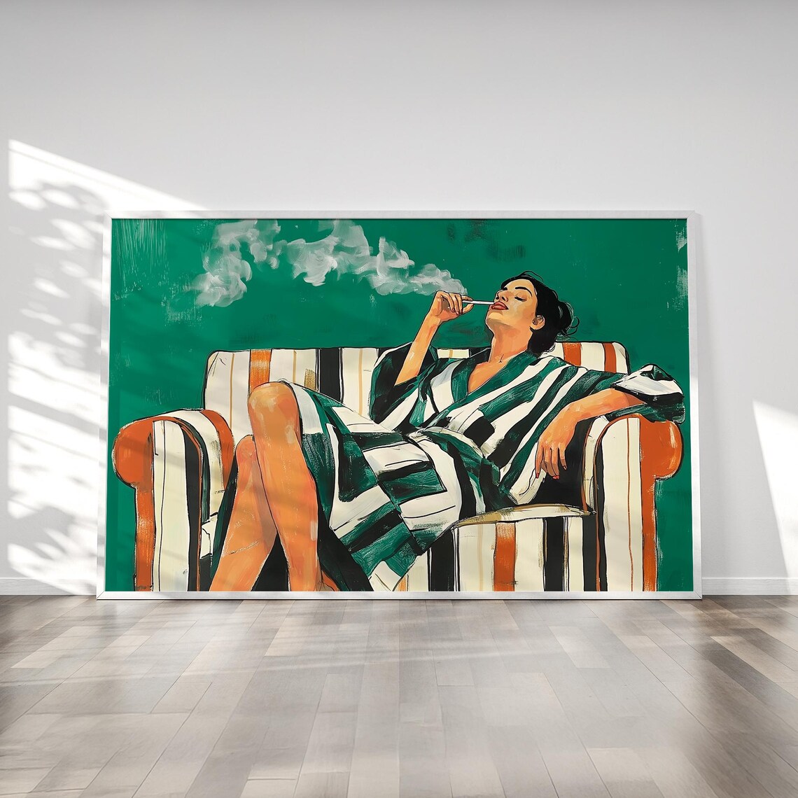 Emerald Green Woman Smoking in Striped Robe Vintage Style Poster