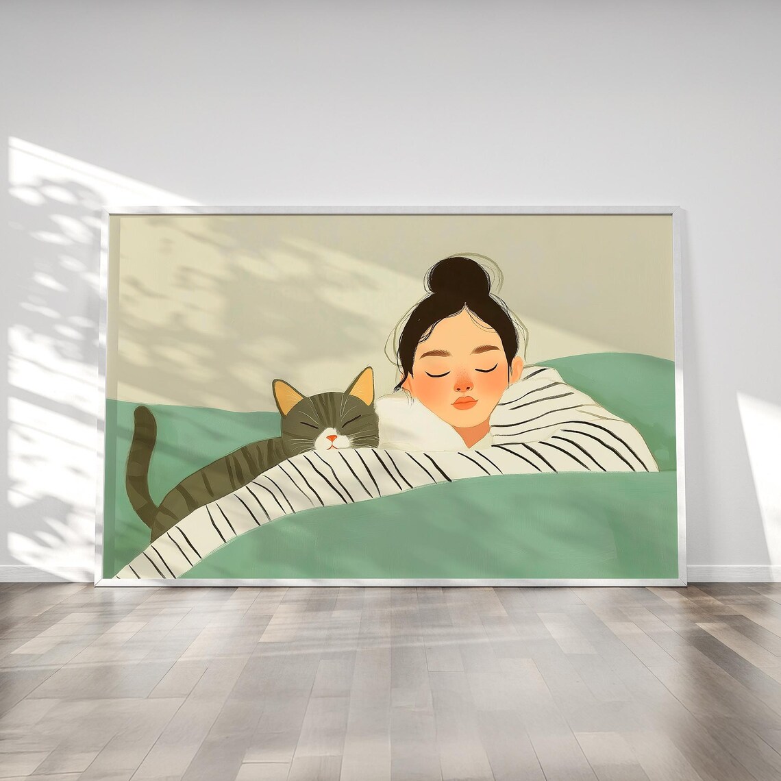 Sleeping Woman Cuddling Tabby Cat Under A Green Blanket Poster - Image 5