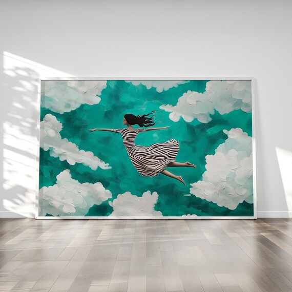 Floating Woman Art Print Abstract Emerald Green Clouds Abstract Sky Art Ethereal Female Modern Whimsical Wall Art
