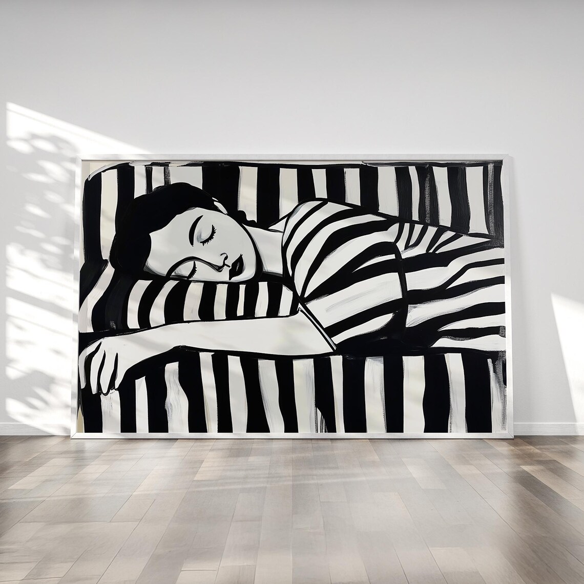 Reclining Monochrome Woman Sleeping Wrapped In Bold Stripes Print