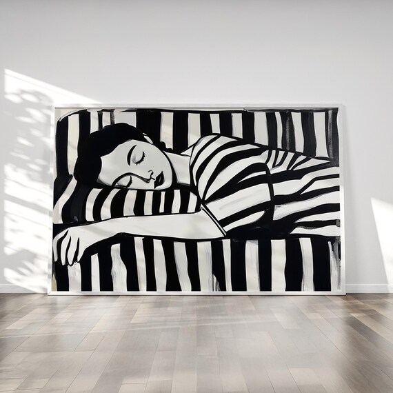 Reclining Monochrome Woman Sleeping Wrapped In Bold Stripes Print