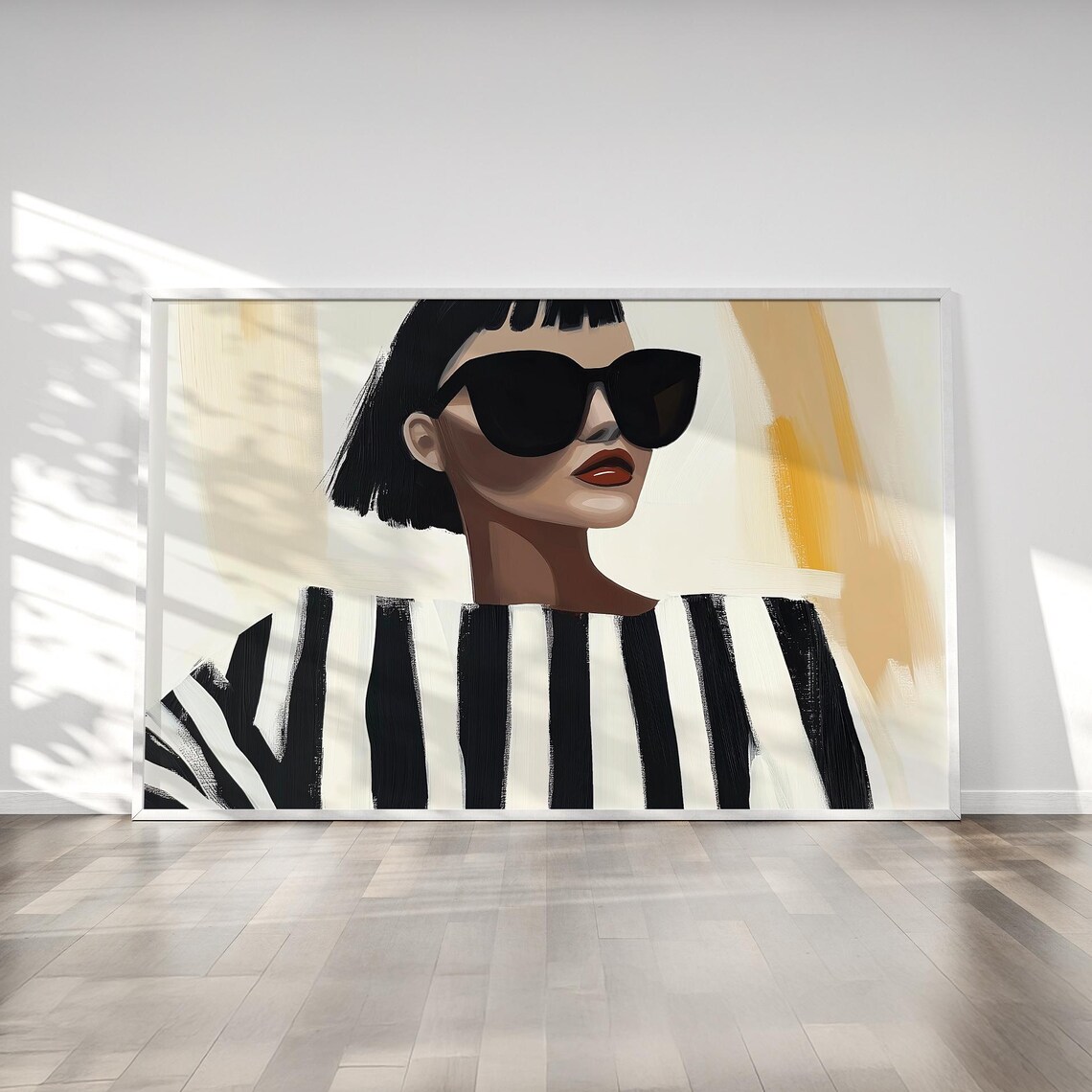 Chic Bob-Haired Woman In Sunglasses With Striped Top Wall Art