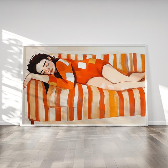 Woman Resting on Orange Striped Sofa in Retro Swimsuit Poster