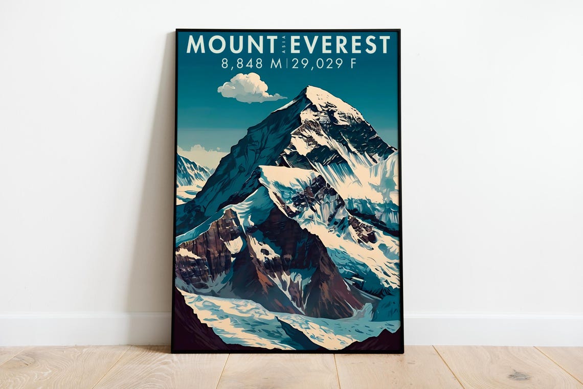Mount Everest Vintage Travel Poster Snow Peak 8848M Asia Adventure