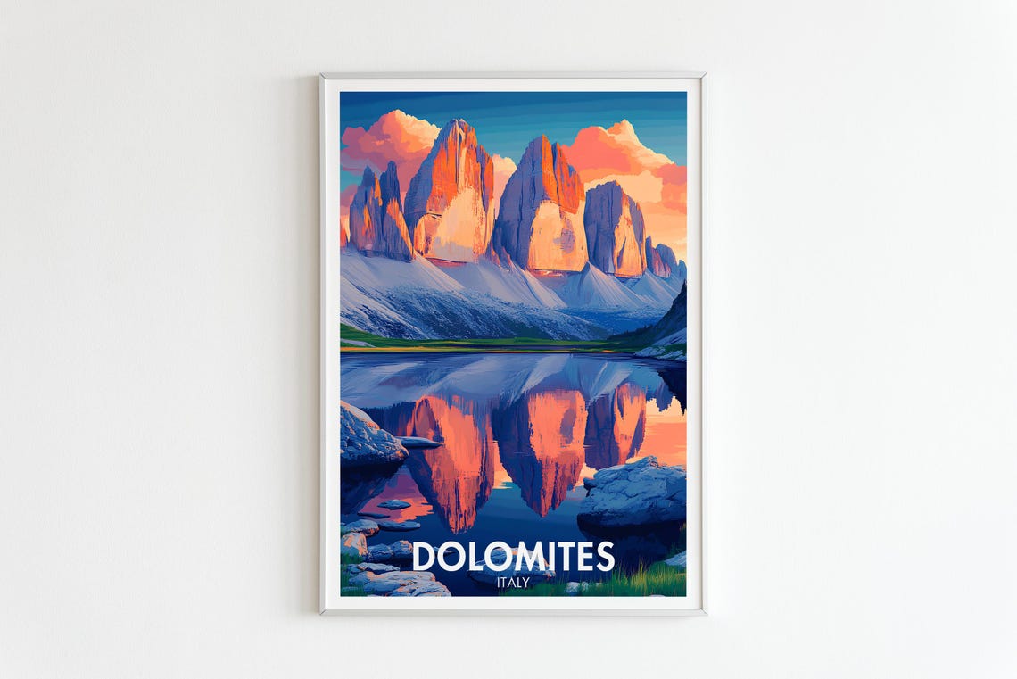 Dolomites Italy Tre Cime Sunset Mountain Lake Reflection Travel Poster - Image 5