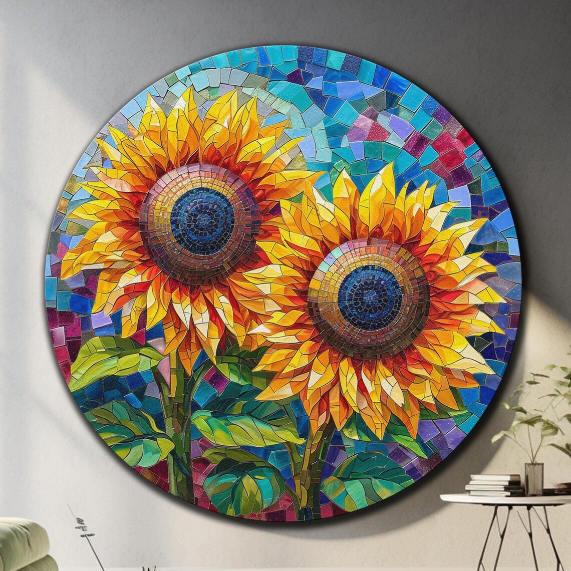 Bright Sunflower Mosaic Round Blue Tile Floral Wall Art Poster