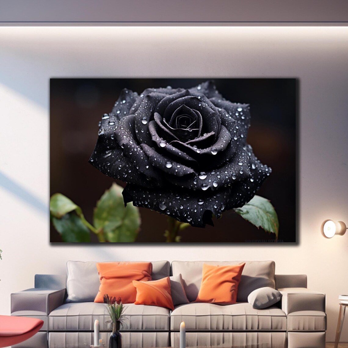 Black Rose Water Drops Macro Photography Dark Elegant Floral Poster