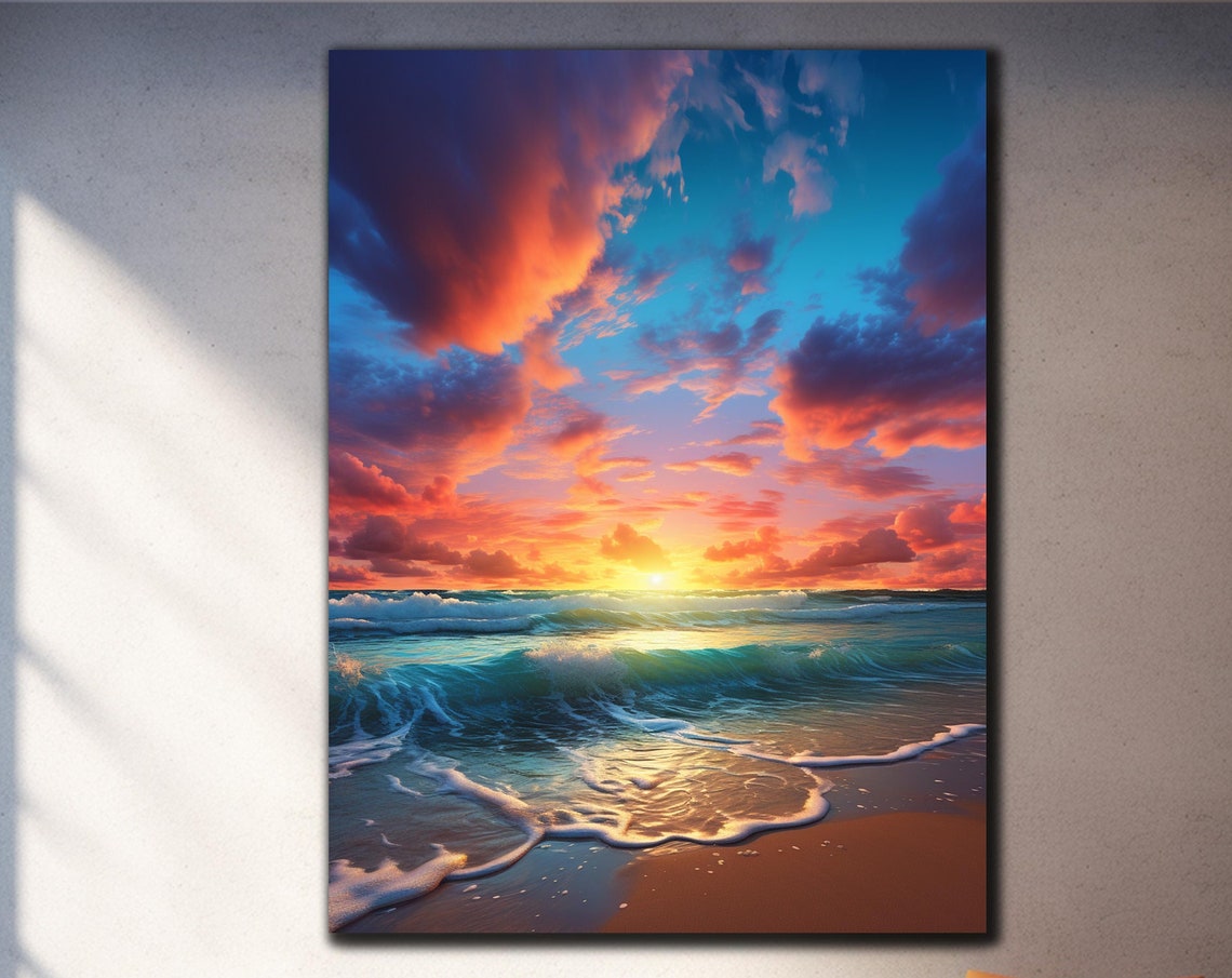 Ocean Sunset Waves Golden Clouds Tropical Beach Nature Travel Poster